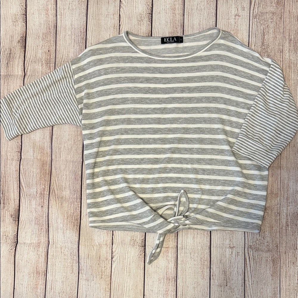 ECLA Gray Striped Tie-Front Top
